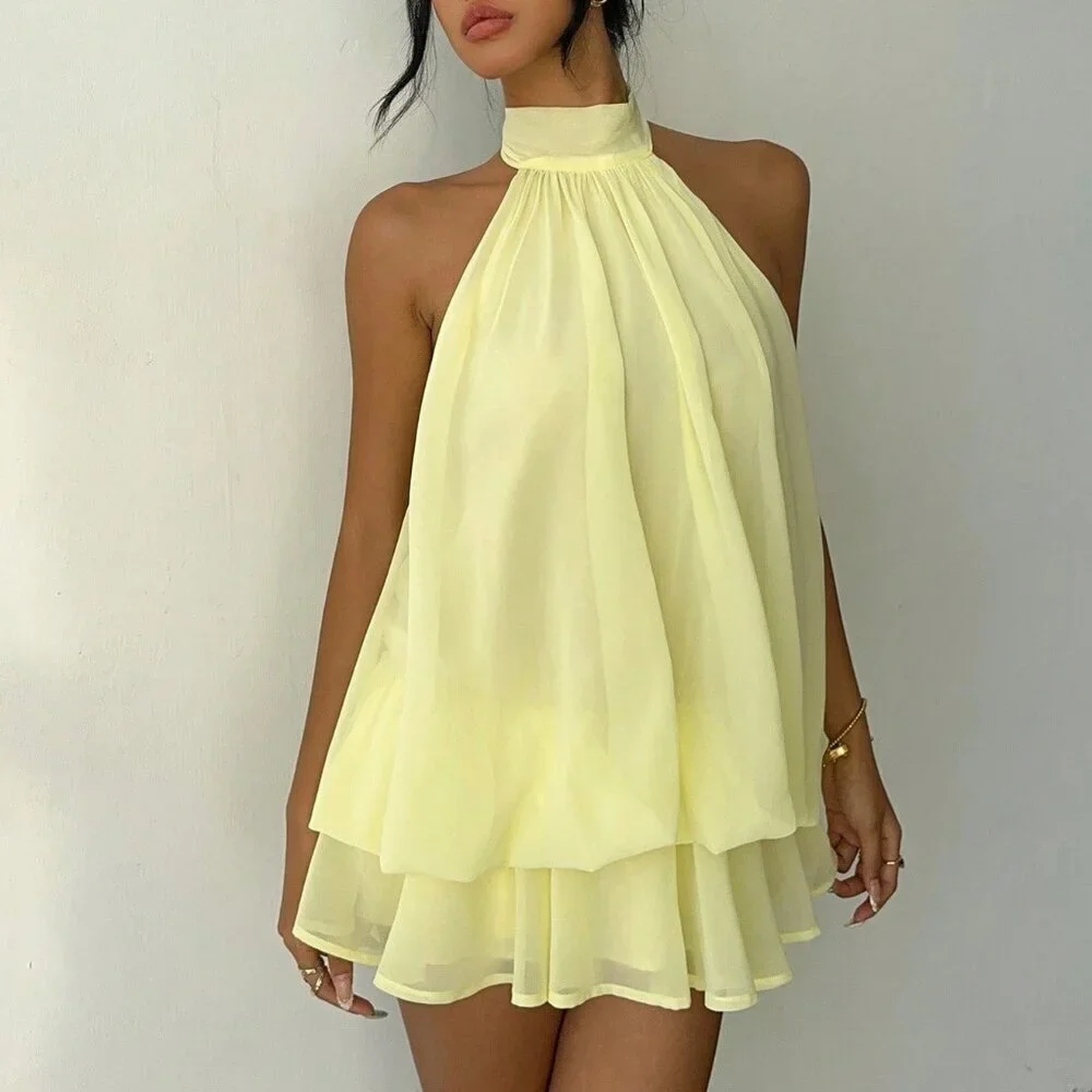 Light Yellow Elegant Women's Chiffon Mini Halter Dress - Picture 6 of 7